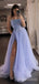 A-line Strapless Tulle Beaded Long Evening Prom Dresses, Custom High Slit prom Dress, MR8592