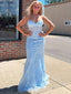 Sky Blue Tulle Strapless Mermaid Appliques Long Evening Prom Dresses, Custom prom Dress, MR8594