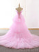 Pink Tulle A-line Strapless High Low Long Evening Prom Dresses, Custom prom Dress, MR8595