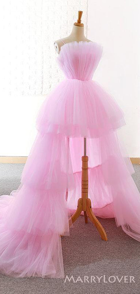 Pink Tulle A-line Strapless High Low Long Evening Prom Dresses, Custom prom Dress, MR8595