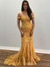 Off Shoulder Mermaid Marigold Tulle Appliques Long Evening Prom Dresses, Custom prom Dress, MR8597