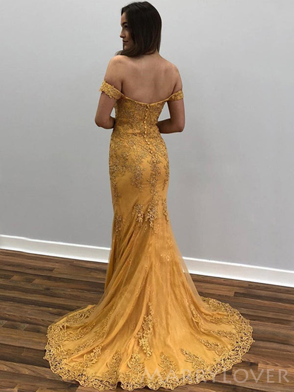 Off Shoulder Mermaid Marigold Tulle Appliques Long Evening Prom Dresses, Custom prom Dress, MR8597