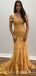 Off Shoulder Mermaid Marigold Tulle Appliques Long Evening Prom Dresses, Custom prom Dress, MR8597