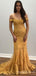 Off Shoulder Mermaid Marigold Tulle Appliques Long Evening Prom Dresses, Custom prom Dress, MR8597