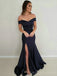 Off Shoulder Dark Navy Satin Mermaid Long Evening Prom Dresses, Custom Prom Dress, MR8598