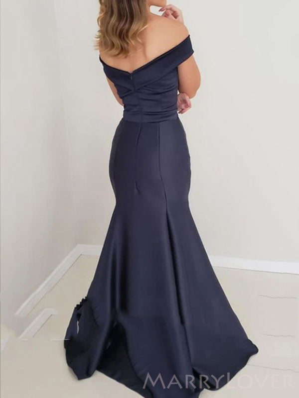 Off Shoulder Dark Navy Satin Mermaid Long Evening Prom Dresses, Custom Prom Dress, MR8598