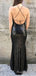 Simple Black Sequins Halter Mermaid Long Evening Prom Dresses, Custom prom Dress, MR8600