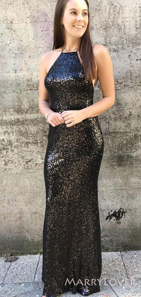 Simple Black Sequins Halter Mermaid Long Evening Prom Dresses, Custom prom Dress, MR8600