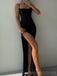 Simple Mermaid Side Slit Black Satin Long Evening Prom Dresses, Custom Spaghetti Straps Prom Dress, MR8608