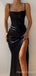 Simple Mermaid Side Slit Black Satin Long Evening Prom Dresses, Custom Spaghetti Straps Prom Dress, MR8608