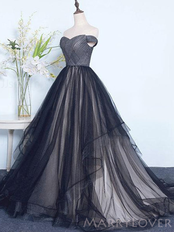 A-line Tulle Off Shoulder Long Evening Prom Dresses, Custom Ball Gown Prom Dress, MR8611