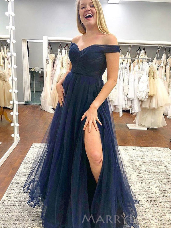 Navy Blue Tulle Off Shoulder Long Evening Prom Dresses, Custom A-line Prom Dress, MR8613