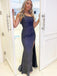 Simple One Shoulder Mermaid Navy Blue Sequins Long Evening Prom Dresses, Custom Prom Dress, MR8615