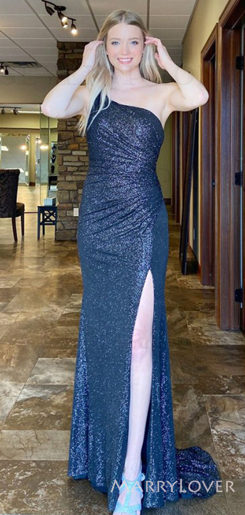 Simple One Shoulder Mermaid Navy Blue Sequins Long Evening Prom Dresses, Custom Prom Dress, MR8615