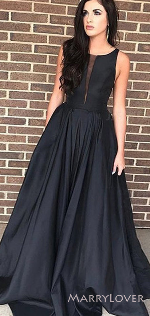 Black Satin A-line Long Evening Prom Dresses, Custom Prom Dress, MR8617