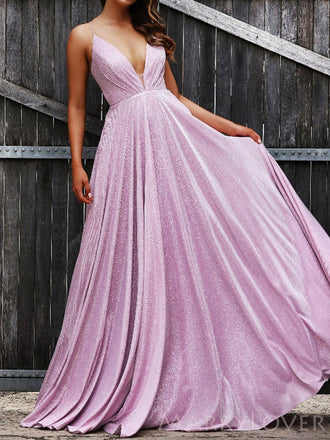 Deep V-neck Sparkly A-line Long Evening Prom Dresses, Custom Prom Dress, MR8618