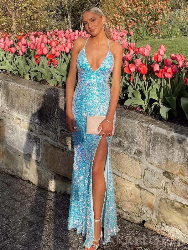 Spaghetti Straps Sequins Mermaid Long Evening Prom Dresses, Custom Prom Dress, MR8620