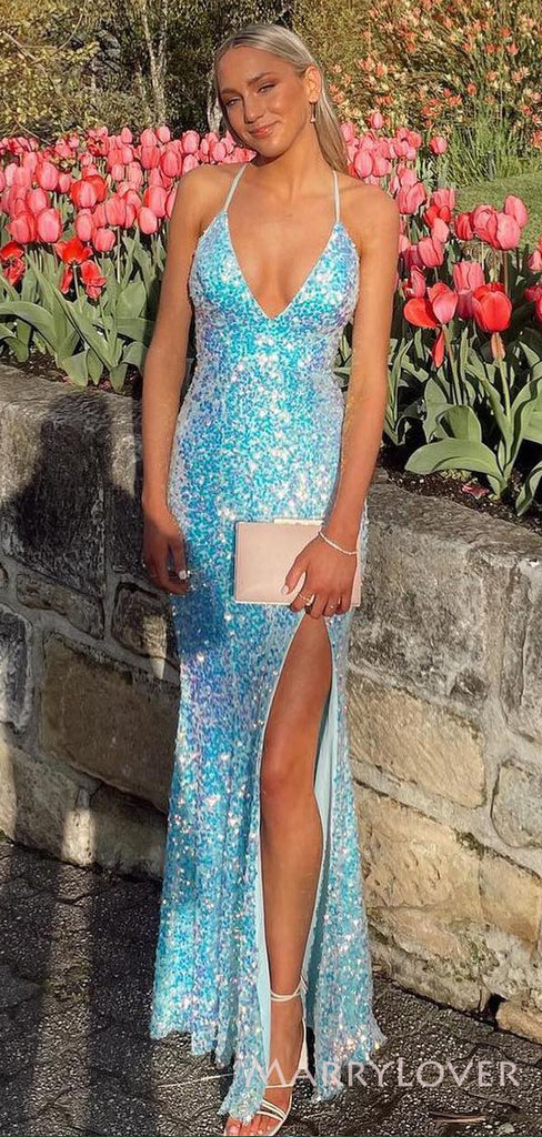 Spaghetti Straps Sequins Mermaid Long Evening Prom Dresses, Custom Prom Dress, MR8620