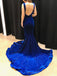 Mermaid Royal Blue Velvet Long Evening Prom Dresses, Custom Side Slit Prom Dress, MR8624