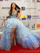 Off Shoulder Blue Tulle A-line Long Evening Prom Dresses, Custom Prom Dress, MR8626