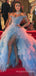 Off Shoulder Blue Tulle A-line Long Evening Prom Dresses, Custom Prom Dress, MR8626