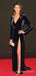 Long Sleeves Navy Blue Velvet Long Evening Prom Dresses, Custom High Slit Prom Dress, MR8629