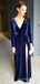 Long Sleeves Navy Blue Velvet Long Evening Prom Dresses, Custom High Slit Prom Dress, MR8629