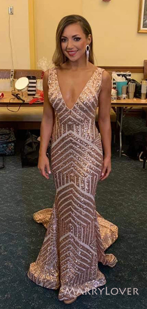 Deep V-neck Gold Sequins Mermaid Long Evening Prom Dresses, Custom Prom Dress, MR8632