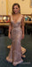 Deep V-neck Gold Sequins Mermaid Long Evening Prom Dresses, Custom Prom Dress, MR8632