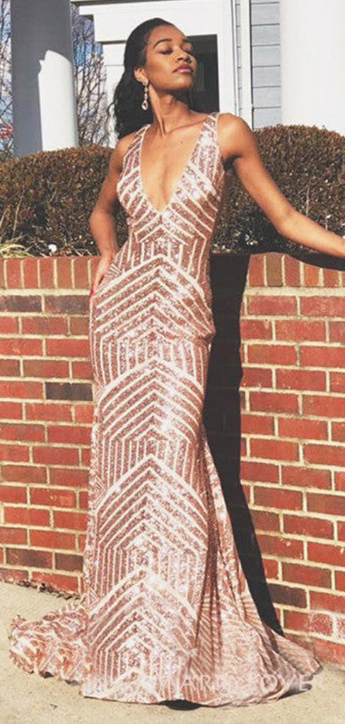 Deep V-neck Gold Sequins Mermaid Long Evening Prom Dresses, Custom Prom Dress, MR8632