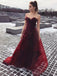 A-line Burgundy Organza Strapless Long Evening Prom Dresses, Custom Prom Dress, MR8634