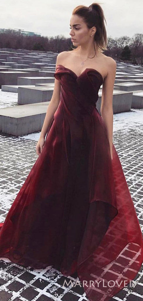 A-line Burgundy Organza Strapless Long Evening Prom Dresses, Custom Prom Dress, MR8634