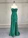 Mermaid Spaghetti Straps Green Satin Long Evening Prom Dresses, Custom High Slit Prom Dress, MR8635
