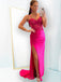 Hot Pink Satin Appliques Mermaid Spaghetti Straps Long Evening Prom Dresses, Custom Prom Dress, MR8636