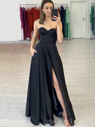 Simple A-line Black Satin Strapless Long Evening Prom Dresses, Custom High Slit Prom Dress, MR8637
