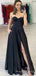 Simple A-line Black Satin Strapless Long Evening Prom Dresses, Custom High Slit Prom Dress, MR8637