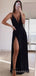 Deep V-neck Black A-line Long Evening Prom Dresses, Custom Spaghetti Straps Prom Dress, MR8639