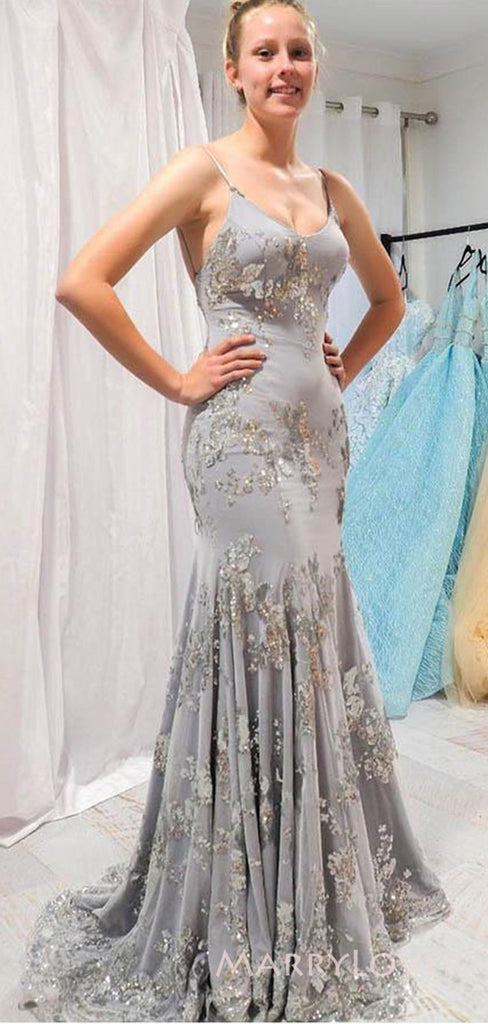 Mermaid Grey Tulle Appliques Spaghetti Straps Long Evening Prom Dresses, Custom Prom Dress, MR8643