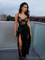 Spaghetti Straps Black Velvet Lace Long Evening Prom Dresses, Custom High Slit Prom Dress, MR8646