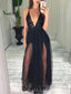 A-line Black Tulle Sequins Long Evening Prom Dresses, Custom Spaghetti Straps Prom Dress, MR8647