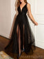 Deep V-neck Black Tulle Long Evening Prom Dresses, Custom A-line Prom Dress, MR8648