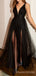 Deep V-neck Black Tulle Long Evening Prom Dresses, Custom A-line Prom Dress, MR8648