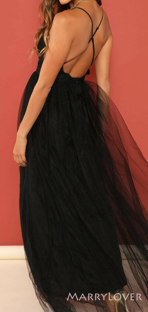 Black Tulle A-line Long Evening Prom Dresses, Custom High Slit Prom Dress, MR8649