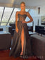 A-line Black Tulle Sparkly Spaghetti Straps Long Evening Prom Dresses, Custom High Slit Prom Dress, MR8650