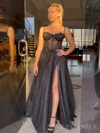 A-line Black Tulle Sparkly Spaghetti Straps Long Evening Prom Dresses, Custom High Slit Prom Dress, MR8650
