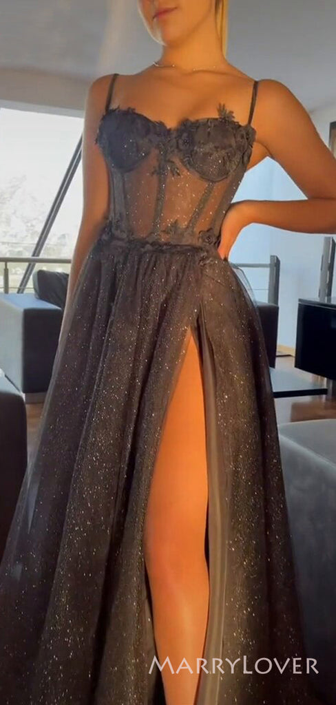 A-line Black Tulle Sparkly Spaghetti Straps Long Evening Prom Dresses, Custom High Slit Prom Dress, MR8650