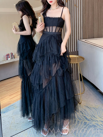 A-line Black Tulle Spaghetti Straps Long Evening Prom Dresses, Custom Prom Dress, MR8652