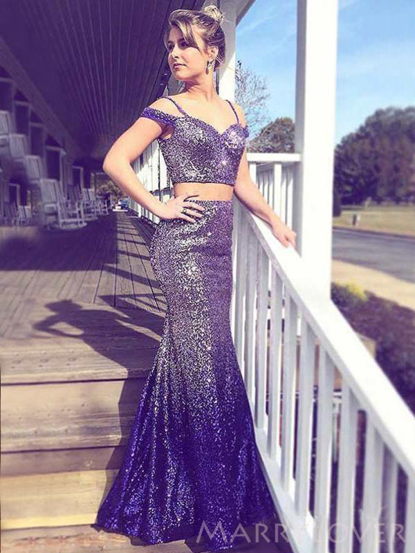 Two Pieces Off Shoulder Purple Sequins Long Evening Prom Dresses, Custom Mermaid Prom Dress, MR8659