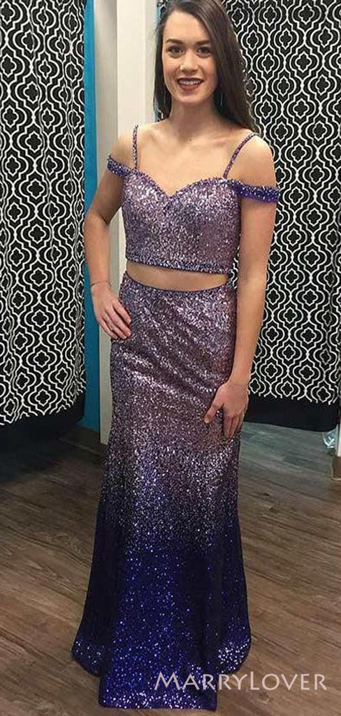 Two Pieces Off Shoulder Purple Sequins Long Evening Prom Dresses, Custom Mermaid Prom Dress, MR8659