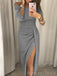 Off Shoulder Grey Long Sleeves Long Evening Prom Dresses, Custom Side Slit Prom Dress, MR8662